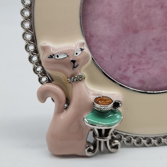 Cat Themed Round Photo Frame With Rhinestone Accents & Cream Enamel Finish - Picture 2 of 8